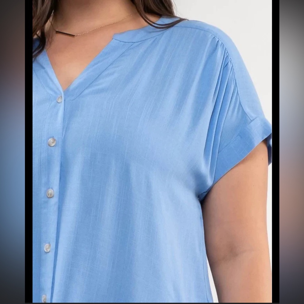 Perch by Blu Pepper Deep Sky Blue V Neck Button Front SS‎ Loose Blouse WN 2X NWT